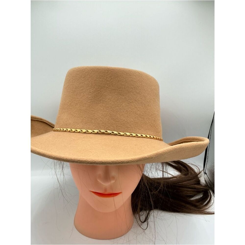 First Issue by Liz Claiborne Classic Tan Felt Wide-Brim Hat with Gold Chain